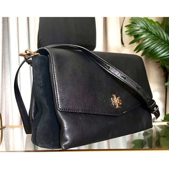 Tory Burch Black Leather and Suede Kira Handbag With Gold Logo Accents & Adjusta - Picture 11 of 13